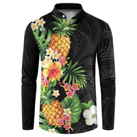 Hawaii Pineapple Tropical Button Sweatshirt Colorful Hibiscus Plumeria LT01 Black - Polynesian Pride