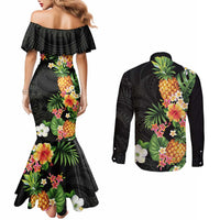 Hawaii Pineapple Tropical Couples Matching Mermaid Dress and Long Sleeve Button Shirt Colorful Hibiscus Plumeria LT01 - Polynesian Pride