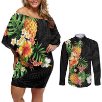 Hawaii Pineapple Tropical Couples Matching Off Shoulder Short Dress and Long Sleeve Button Shirt Colorful Hibiscus Plumeria LT01 Black - Polynesian Pride