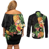 Hawaii Pineapple Tropical Couples Matching Off Shoulder Short Dress and Long Sleeve Button Shirt Colorful Hibiscus Plumeria LT01 - Polynesian Pride