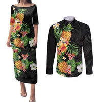 Hawaii Pineapple Tropical Couples Matching Puletasi and Long Sleeve Button Shirt Colorful Hibiscus Plumeria LT01 Black - Polynesian Pride