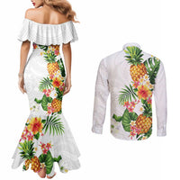 Hawaii Pineapple Tropical Couples Matching Mermaid Dress and Long Sleeve Button Shirt Luminous Hibiscus Plumeria LT01 - Polynesian Pride