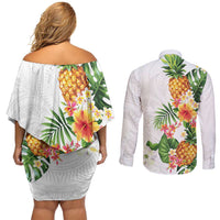 Hawaii Pineapple Tropical Couples Matching Off Shoulder Short Dress and Long Sleeve Button Shirt Luminous Hibiscus Plumeria LT01 - Polynesian Pride