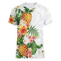 Hawaii Pineapple Tropical Women V-Neck T-Shirt Luminous Hibiscus Plumeria LT01 Female White - Polynesian Pride