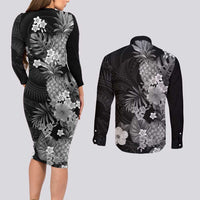 Hawaii Pineapple Tropical Couples Matching Long Sleeve Bodycon Dress and Long Sleeve Button Shirt Neutral Hibiscus Plumeria LT01 - Polynesian Pride