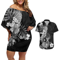 Hawaii Pineapple Tropical Couples Matching Off Shoulder Short Dress and Hawaiian Shirt Neutral Hibiscus Plumeria LT01 Black - Polynesian Pride