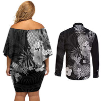 Hawaii Pineapple Tropical Couples Matching Off Shoulder Short Dress and Long Sleeve Button Shirt Neutral Hibiscus Plumeria LT01 - Polynesian Pride