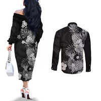 Hawaii Pineapple Tropical Couples Matching Off The Shoulder Long Sleeve Dress and Long Sleeve Button Shirt Neutral Hibiscus Plumeria LT01 - Polynesian Pride