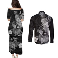 Hawaii Pineapple Tropical Couples Matching Puletasi and Long Sleeve Button Shirt Neutral Hibiscus Plumeria LT01 - Polynesian Pride