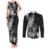 Hawaii Pineapple Tropical Couples Matching Tank Maxi Dress and Long Sleeve Button Shirt Neutral Hibiscus Plumeria LT01 Black - Polynesian Pride