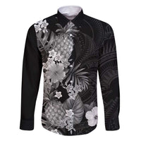 Hawaii Pineapple Tropical Family Matching Tank Maxi Dress and Hawaiian Shirt Neutral Hibiscus Plumeria LT01 Dad's Shirt - Long Sleeve Black - Polynesian Pride