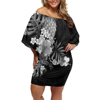 Hawaii Pineapple Tropical Off Shoulder Short Dress Neutral Hibiscus Plumeria LT01 Women Black - Polynesian Pride