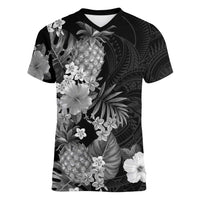 Hawaii Pineapple Tropical Women V-Neck T-Shirt Neutral Hibiscus Plumeria LT01 Female Black - Polynesian Pride