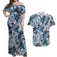 Ninamu Tahiti Tiare Monstera Couples Matching Off Shoulder Maxi Dress and Hawaiian Shirt Polynesian Pattern Curve Style LT01 Blue - Polynesian Pride
