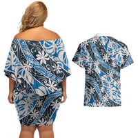 Ninamu Tahiti Tiare Monstera Couples Matching Off Shoulder Short Dress and Hawaiian Shirt Polynesian Pattern Curve Style LT01 - Polynesian Pride