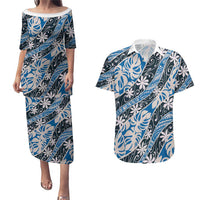 Ninamu Tahiti Tiare Monstera Couples Matching Puletasi and Hawaiian Shirt Polynesian Pattern Curve Style LT01 Blue - Polynesian Pride