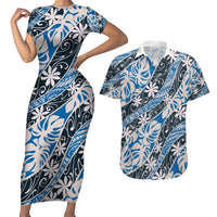 Ninamu Tahiti Tiare Monstera Couples Matching Short Sleeve Bodycon Dress and Hawaiian Shirt Polynesian Pattern Curve Style LT01 Blue - Polynesian Pride