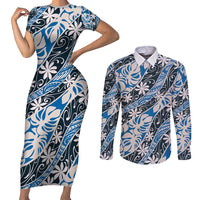 Ninamu Tahiti Tiare Monstera Couples Matching Short Sleeve Bodycon Dress and Long Sleeve Button Shirt Polynesian Pattern Curve Style - Polynesian Pride