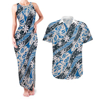 Ninamu Tahiti Tiare Monstera Couples Matching Tank Maxi Dress and Hawaiian Shirt Polynesian Pattern Curve Style LT01 Blue - Polynesian Pride