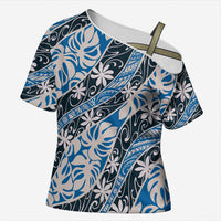 Ninamu Tahiti Tiare Monstera Cross Shoulder Shirt Polynesian Pattern Curve Style LT01 Female Blue - Polynesian Pride