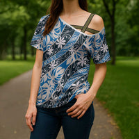 Ninamu Tahiti Tiare Monstera Cross Shoulder Shirt Polynesian Pattern Curve Style LT01 - Polynesian Pride