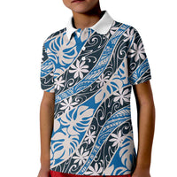 Ninamu Tahiti Tiare Monstera Kid Polo Shirt Polynesian Pattern Curve Style LT01 Kid Blue - Polynesian Pride