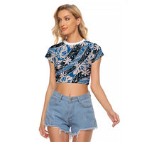 Ninamu Tahiti Tiare Monstera Raglan Cropped T Shirt Polynesian Pattern Curve Style LT01 Female Blue - Polynesian Pride