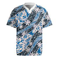 Ninamu Tahiti Tiare Monstera Rugby Jersey Polynesian Pattern Curve Style LT01 Blue - Polynesian Pride