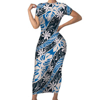 Ninamu Tahiti Tiare Monstera Short Sleeve Bodycon Dress Polynesian Pattern Curve Style LT01 Long Dress Blue - Polynesian Pride