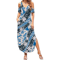Ninamu Tahiti Tiare Monstera Summer Maxi Dress Polynesian Pattern Curve Style LT01 Women Blue - Polynesian Pride