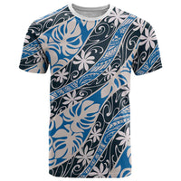 Ninamu Tahiti Tiare Monstera T Shirt Polynesian Pattern Curve Style LT01 Blue - Polynesian Pride