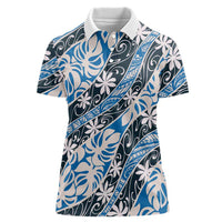 Ninamu Tahiti Tiare Monstera Women Polo Shirt Polynesian Pattern Curve Style LT01 Female Blue - Polynesian Pride