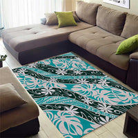 Cyan Tahiti Tiare Monstera Area Rug Polynesian Pattern Curve Style - Polynesian Pride