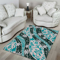Cyan Tahiti Tiare Monstera Area Rug Polynesian Pattern Curve Style - Polynesian Pride