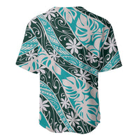 Cyan Tahiti Tiare Monstera Baseball Jersey Polynesian Pattern Curve Style LT01 - Polynesian Pride