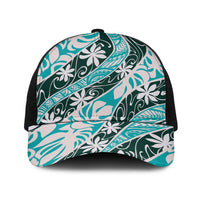 Cyan Tahiti Tiare Monstera Baseball Net Cap Polynesian Pattern Curve Style LT01 One Size Black Cyan - Polynesian Pride