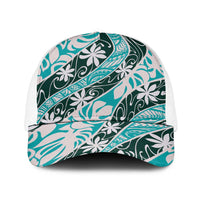 Cyan Tahiti Tiare Monstera Baseball Net Cap Polynesian Pattern Curve Style LT01 One Size White Cyan - Polynesian Pride