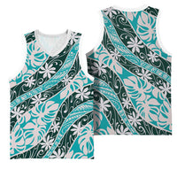 Cyan Tahiti Tiare Monstera Basketball Jersey Polynesian Pattern Curve Style - Polynesian Pride