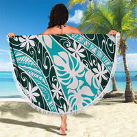 Cyan Tahiti Tiare Monstera Beach Blanket Polynesian Pattern Curve Style - Polynesian Pride