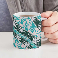 Cyan Tahiti Tiare Monstera Ceramic Mug Polynesian Pattern Curve Style - Polynesian Pride