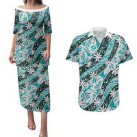 Cyan Tahiti Tiare Monstera Couples Matching Puletasi and Hawaiian Shirt Polynesian Pattern Curve Style LT01 Cyan - Polynesian Pride
