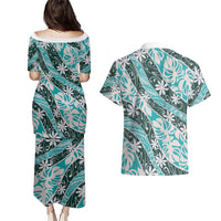 Cyan Tahiti Tiare Monstera Couples Matching Puletasi and Hawaiian Shirt Polynesian Pattern Curve Style LT01 - Polynesian Pride