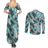 Cyan Tahiti Tiare Monstera Couples Matching Summer Maxi Dress and Long Sleeve Button Shirt Polynesian Pattern Curve Style LT01 - Polynesian Pride