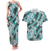 Cyan Tahiti Tiare Monstera Couples Matching Tank Maxi Dress and Hawaiian Shirt Polynesian Pattern Curve Style LT01 Cyan - Polynesian Pride