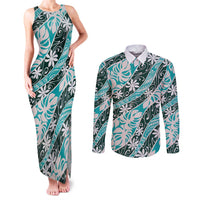 Cyan Tahiti Tiare Monstera Couples Matching Tank Maxi Dress and Long Sleeve Button Shirt Polynesian Pattern Curve Style - Polynesian Pride