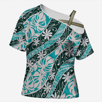 Cyan Tahiti Tiare Monstera Cross Shoulder Shirt Polynesian Pattern Curve Style LT01 Female Cyan - Polynesian Pride