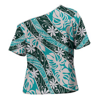 Cyan Tahiti Tiare Monstera Cross Shoulder Shirt Polynesian Pattern Curve Style LT01 - Polynesian Pride