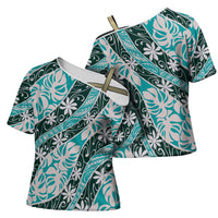 Cyan Tahiti Tiare Monstera Cross Shoulder Shirt Polynesian Pattern Curve Style LT01 - Polynesian Pride
