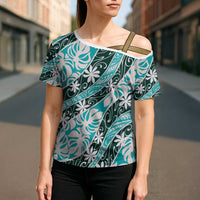 Cyan Tahiti Tiare Monstera Cross Shoulder Shirt Polynesian Pattern Curve Style LT01 - Polynesian Pride