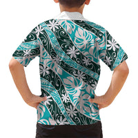 Cyan Tahiti Tiare Monstera Family Matching Long Sleeve Bodycon Dress and Hawaiian Shirt Polynesian Pattern Curve Style - Polynesian Pride